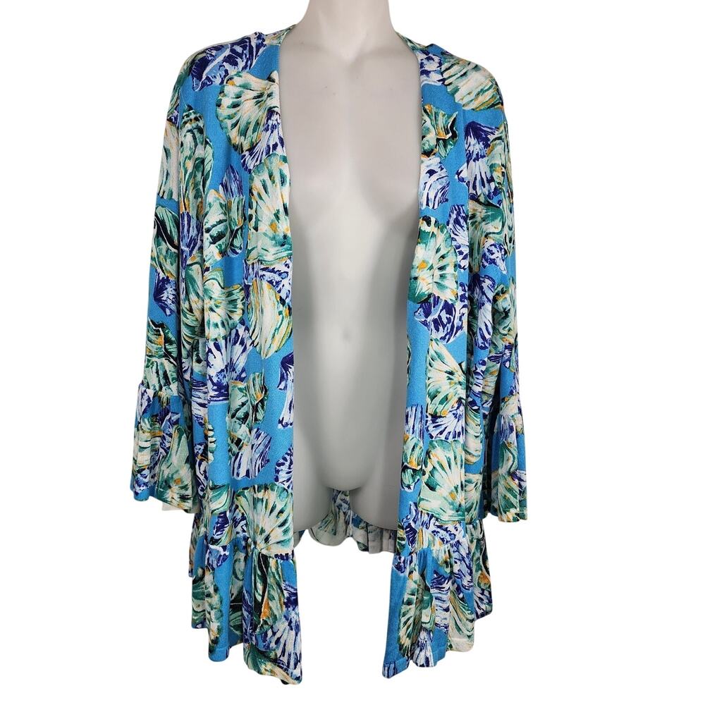 Chicos Women's Cardigan Large Open Blue Sea Shells Linen Blend Tropical Peplum